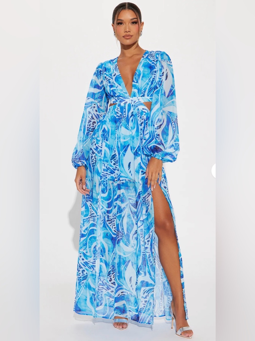 Fashion Nova Blue Abstract Maxi Dress with Cutout